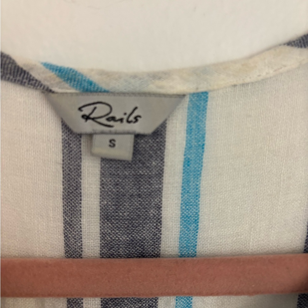 Rails Ashlyn Aegean Blue & White Striped Linen Blend Tie Neck Midi Dress - s - Picture 6 of 7